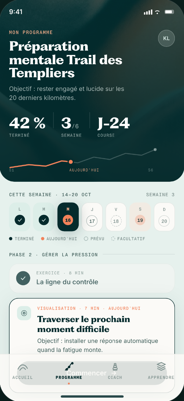 Programme de préparation mentale Kairn avec progression et semaines