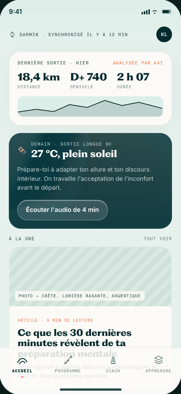 Écran Kairn planifiant la séance mentale avant la sortie longue du lendemain